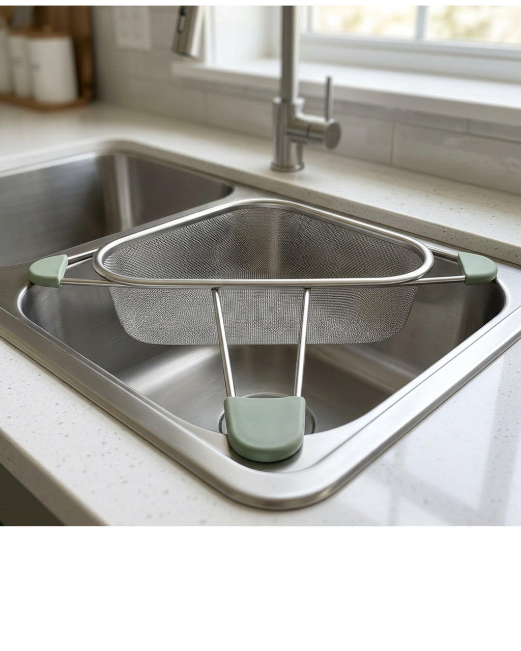 Xaora Triangular Sink-Corner Mesh Draining Basket 32 cm Stainless Steel Sage - Lifestyle view