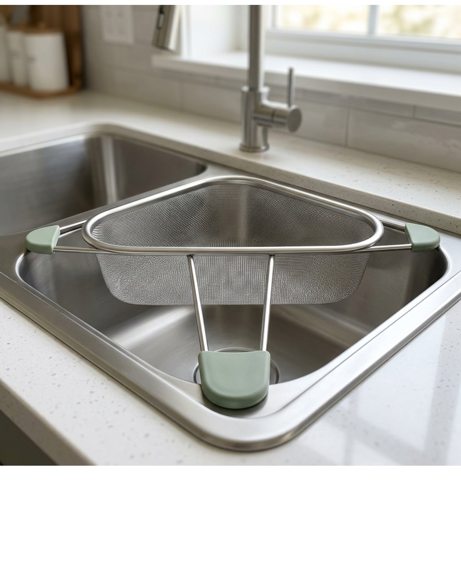 Xaora Triangular Sink-Corner Mesh Draining Basket 32 cm Stainless Steel Sage - Lifestyle view