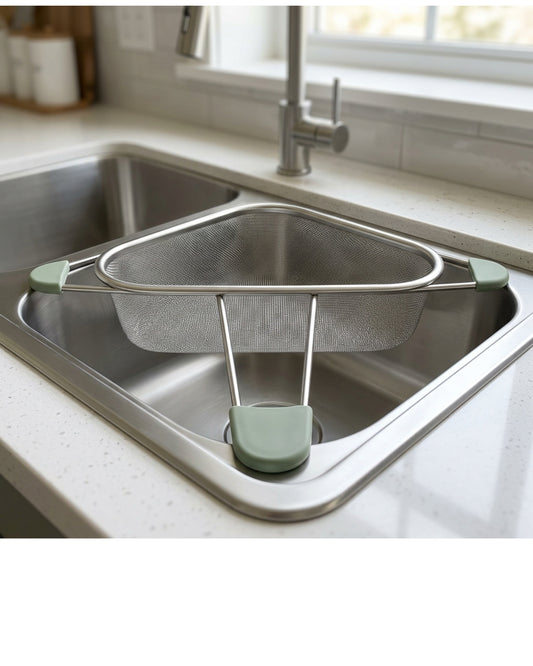 Xaora Triangular Sink-Corner Mesh Draining Basket 32 cm Stainless Steel Sage - Lifestyle view